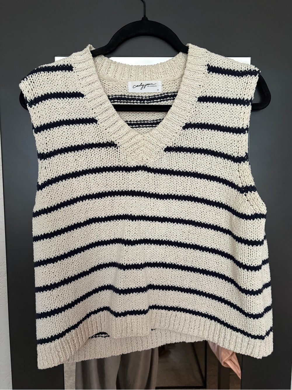 CJLA V-Neck Knit Sweater Vest - Cream with Black Stripes